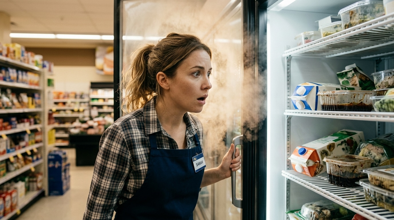 Employé de supermarché stupéfait devant un frigo ouvert