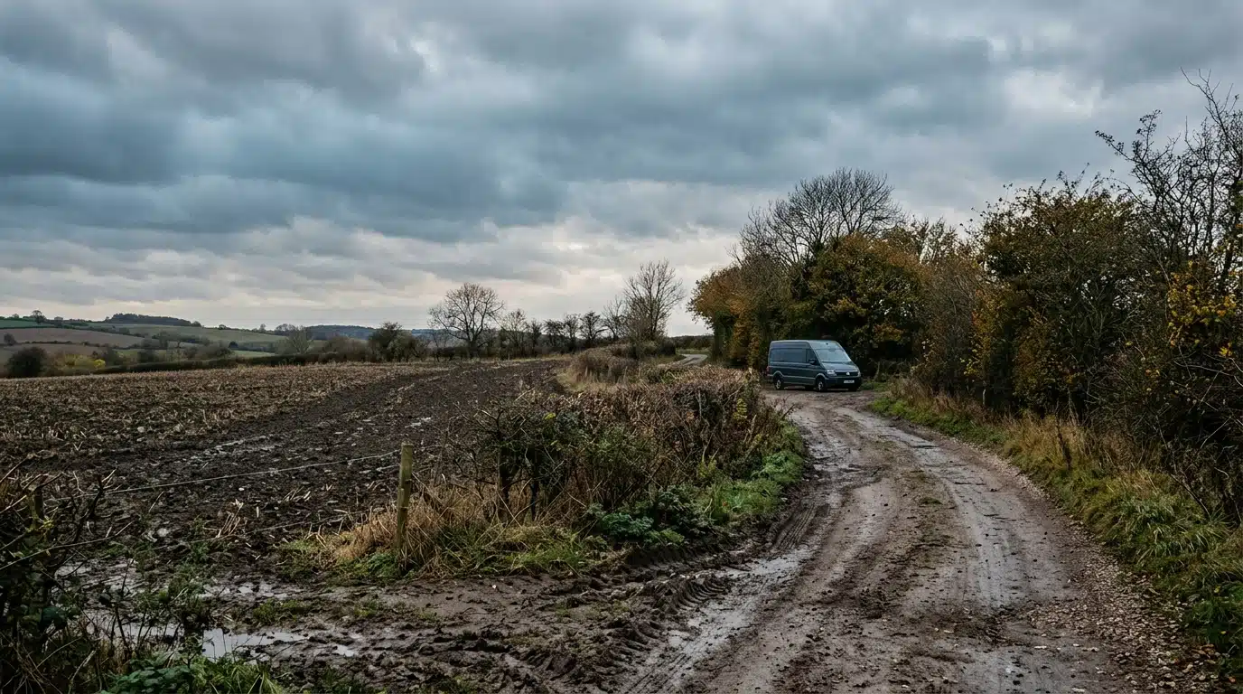Chemin de champ boueux et fourgon sombre au loin