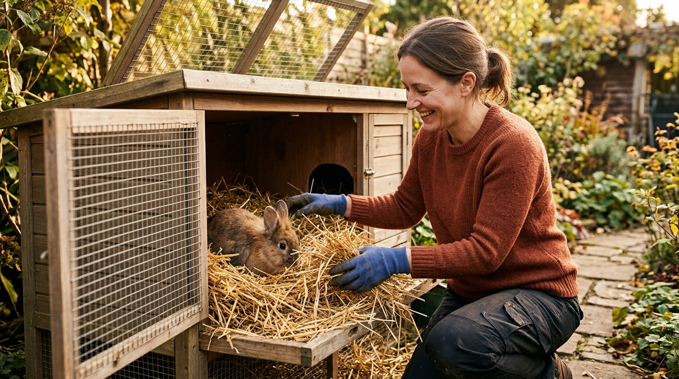 Lapin se blottissant dans une épaisse couche de paille