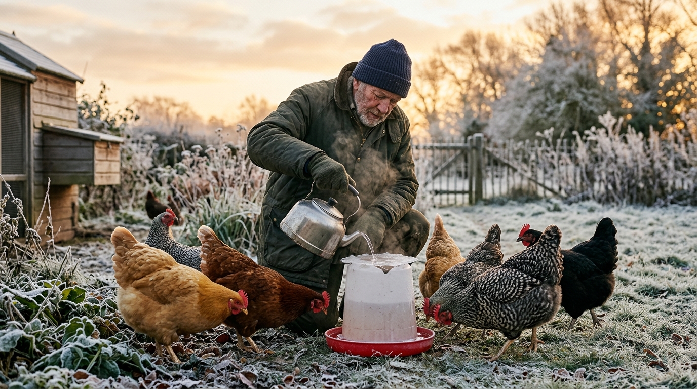 Abreuvoir de poules dont l'eau commence à geler