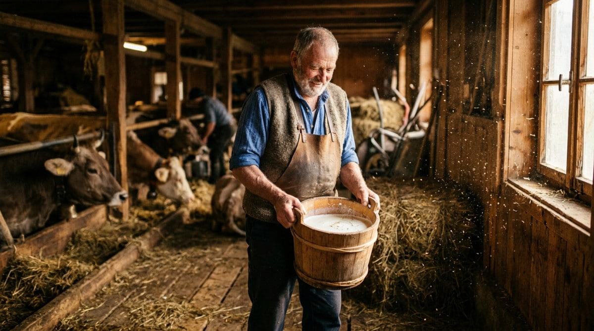 Fromager dans une grange avec un seau de lait et de la poussière de foin
