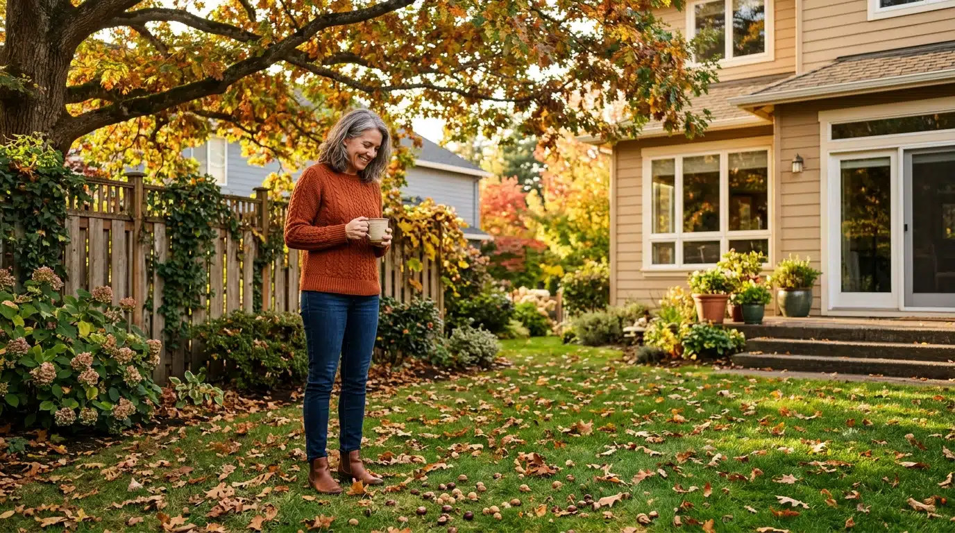 Femme découvrant des châtaignes tombées du voisin dans son jardin