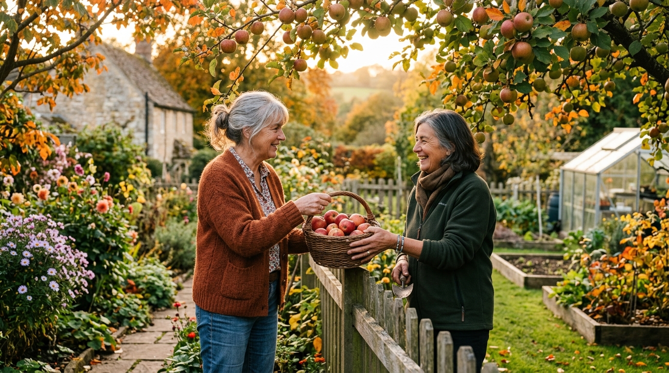 Deux voisins discutant au-dessus d'une clôture avec un panier de pommes