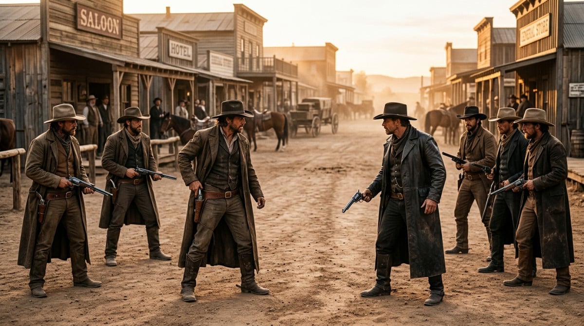 Fusillade au Far West dans une rue poussiéreuse de Tombstone