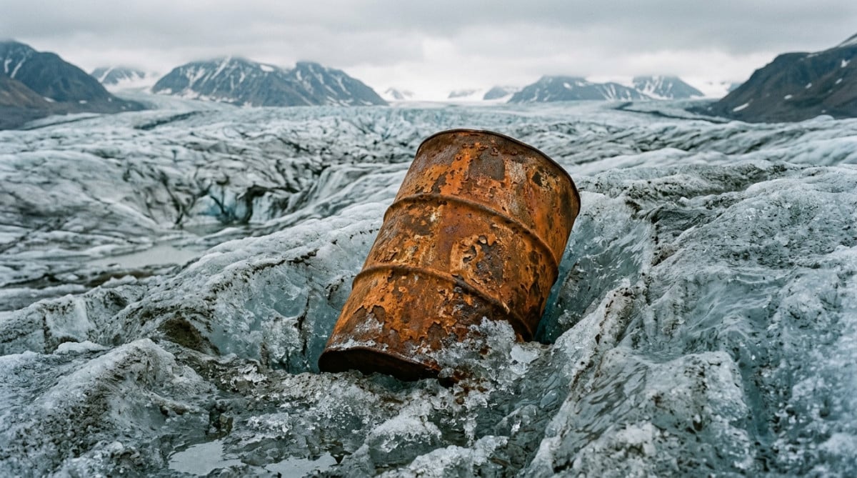Fût de fuel rouillé à moitié pris dans la glace
