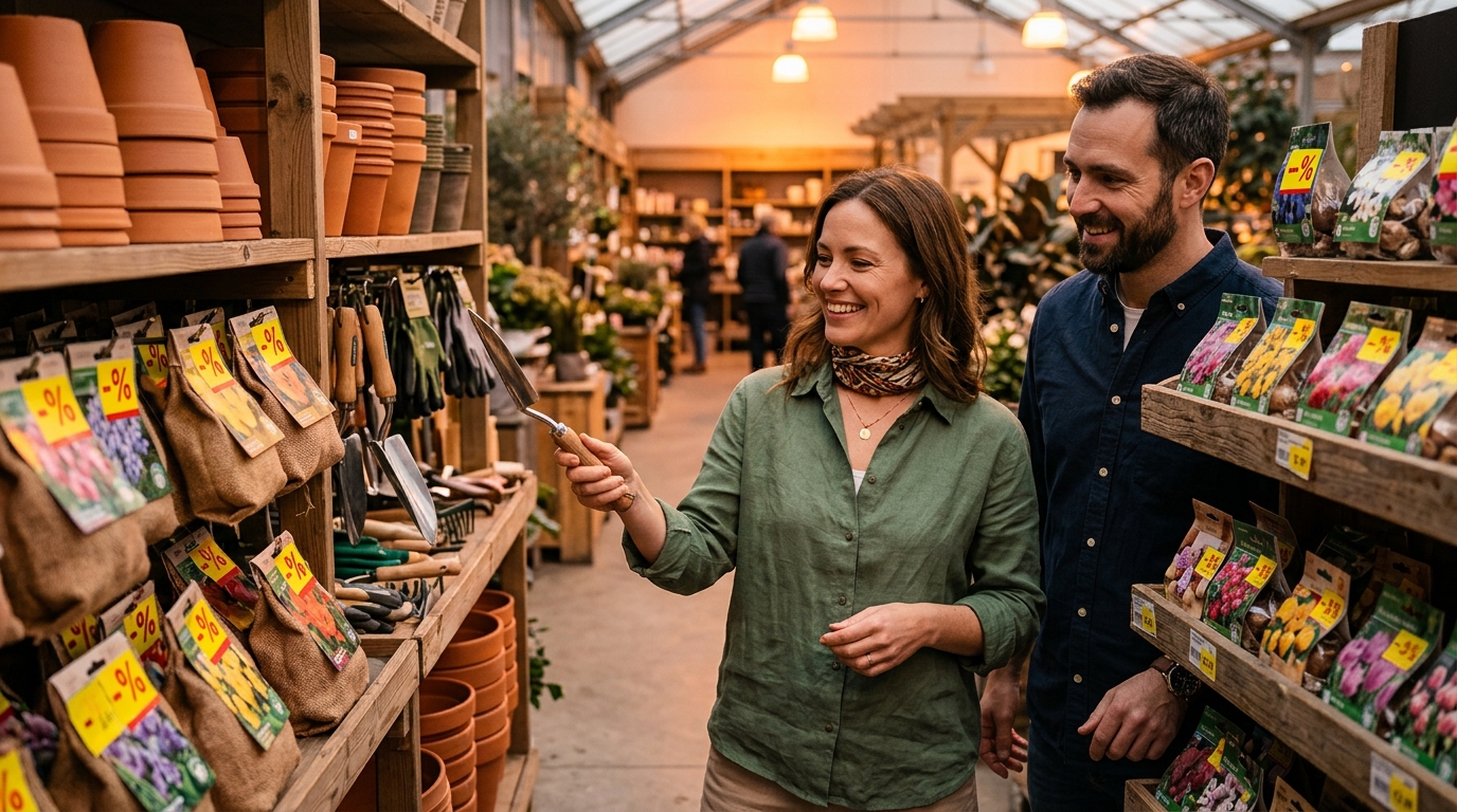 Couple choisissant des outils et pots en promotion