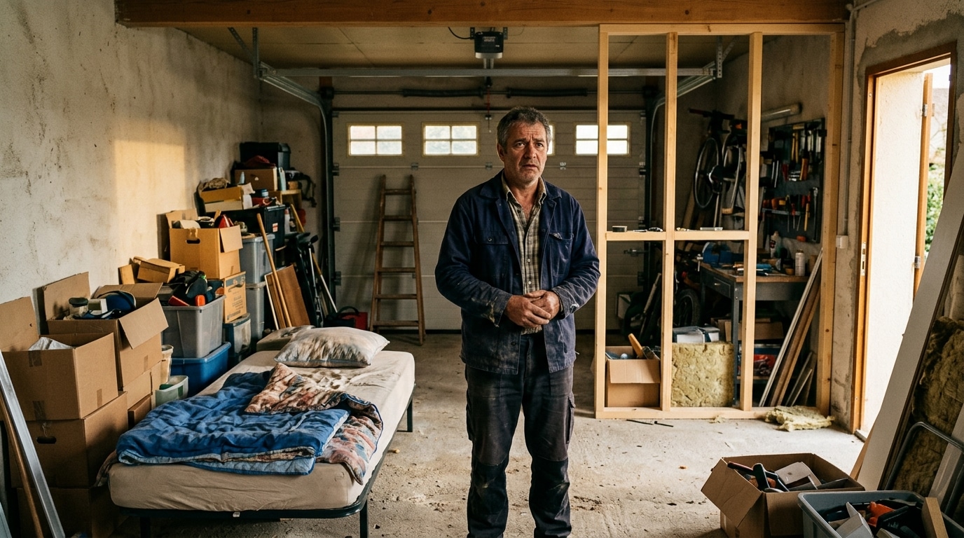 Propriétaire inquiet dans un garage en cours de transformation