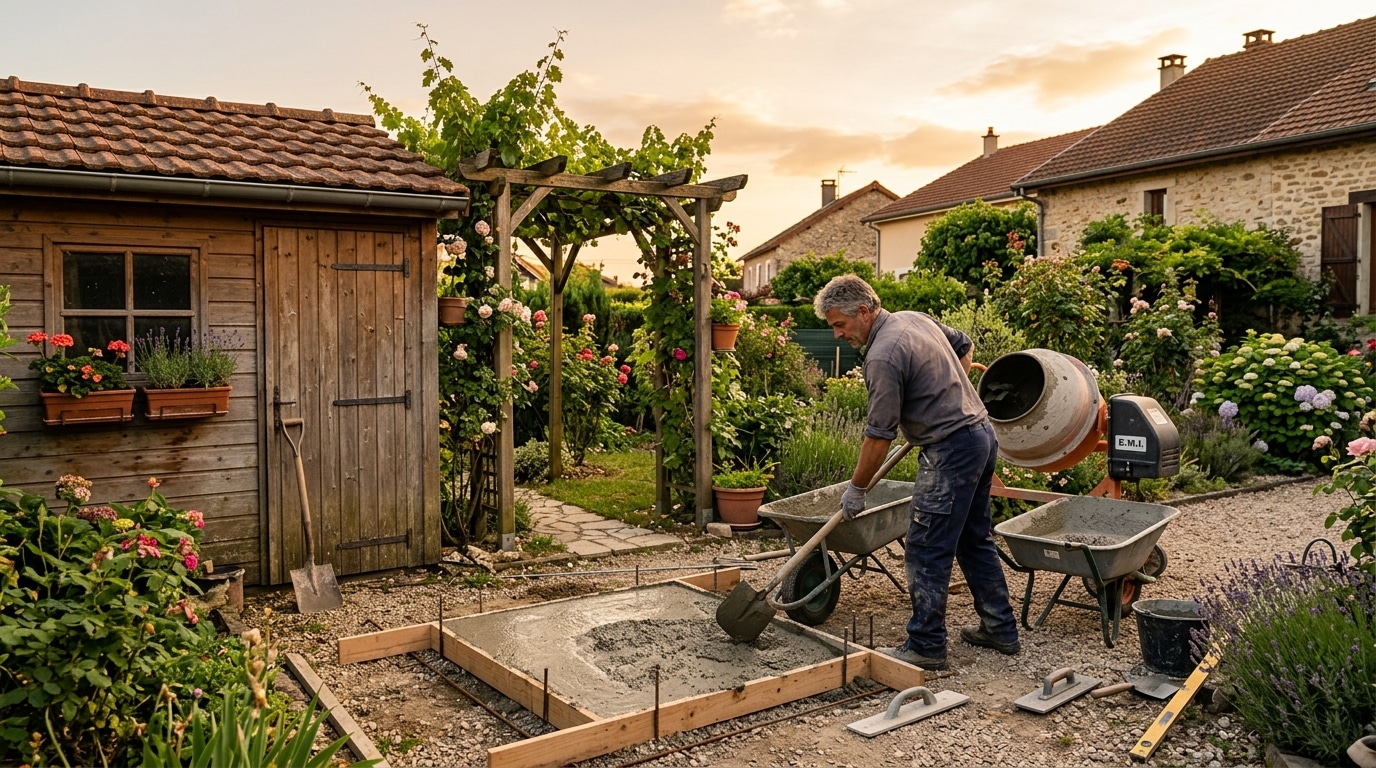 Homme coulant une dalle de béton pour un abri de jardin
