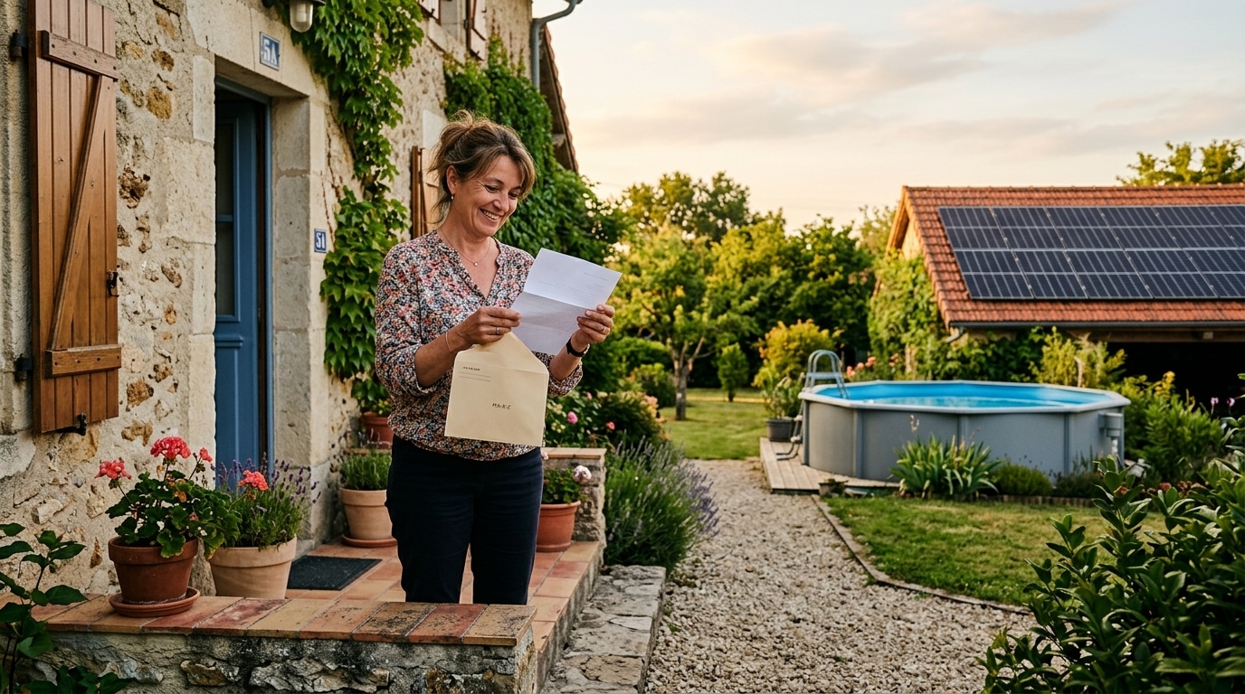 Femme lisant un courrier de la mairie devant sa maison