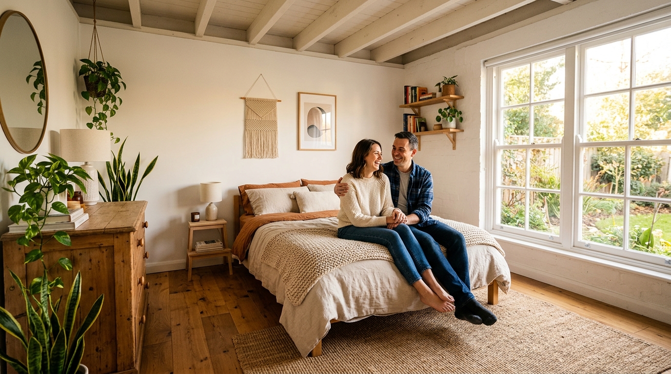 Couple dans un ancien garage transformé en chambre lumineuse