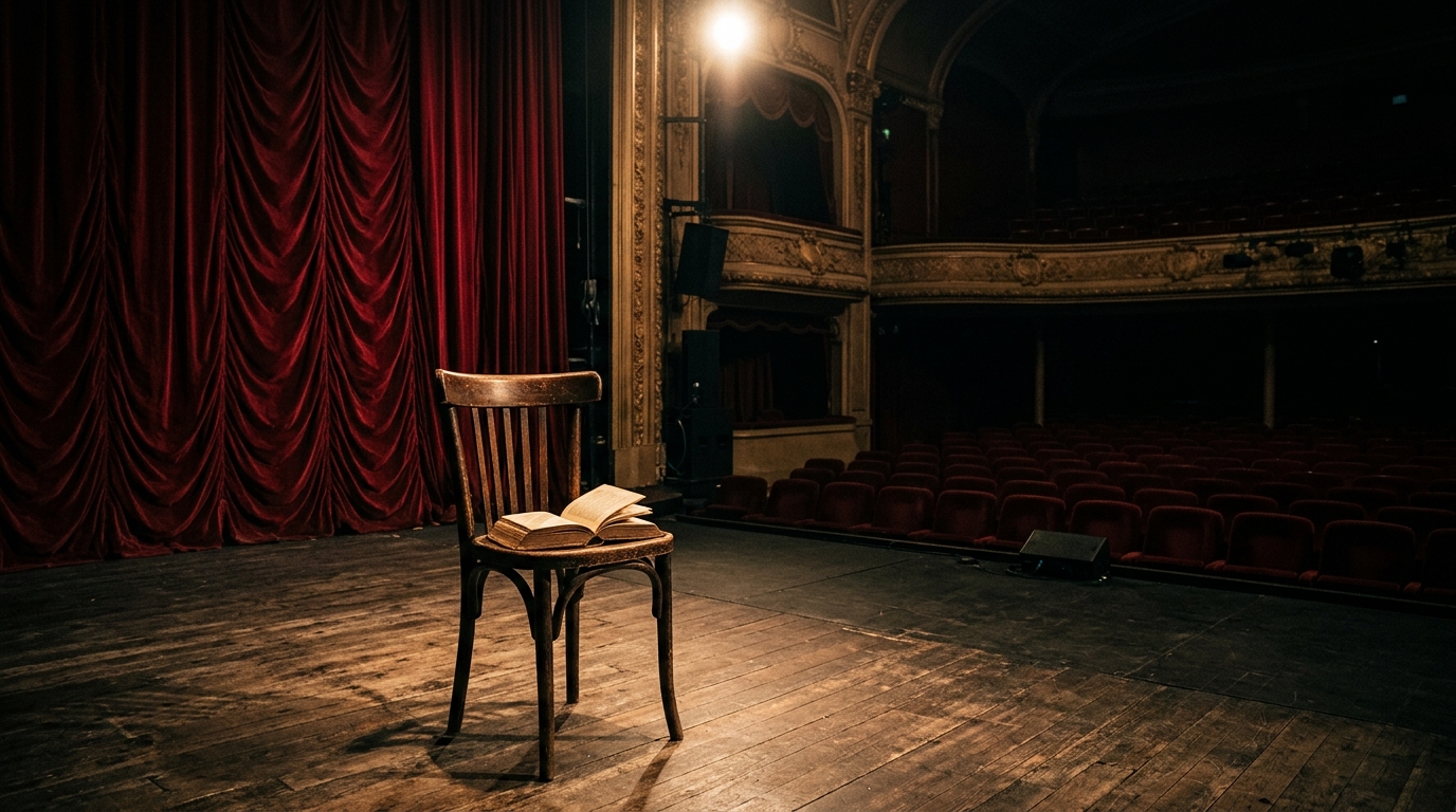 Scène de théâtre vide avec un livre ouvert sous un projecteur
