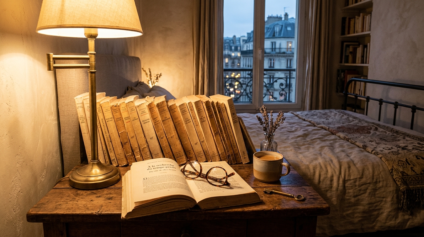 Table de chevet couverte de livres classiques sous une lampe