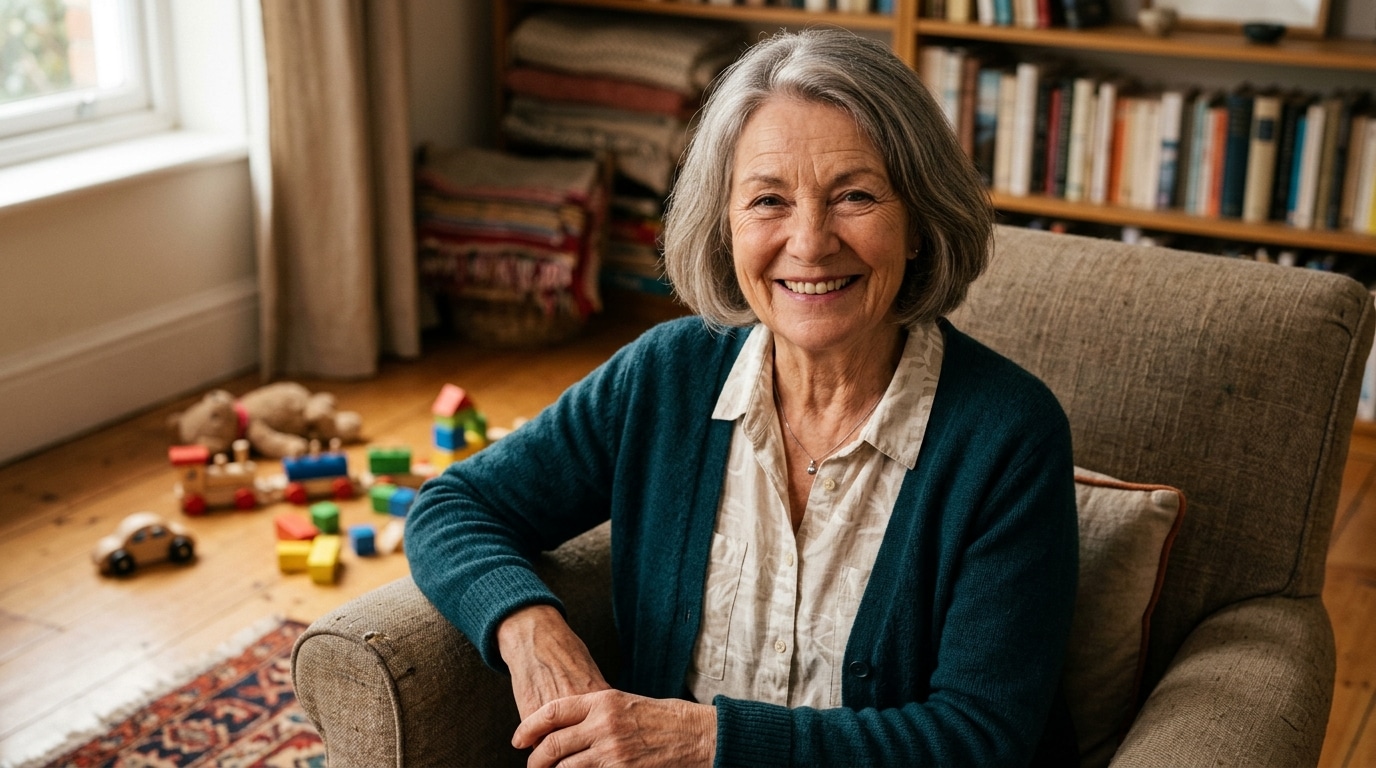 Femme de soixante ans souriante dans un salon avec des jouets