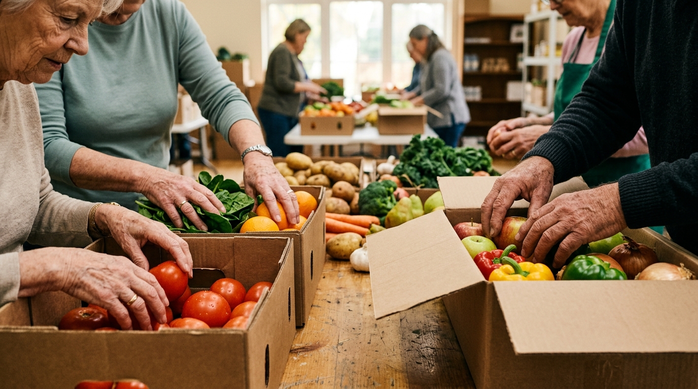 Mains de seniors triant des légumes lors d'une action de bénévolat
