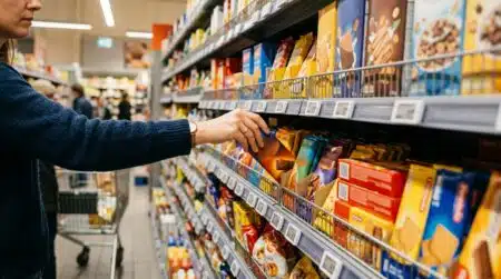Rayon de supermarché garni de biscuits et chocolats
