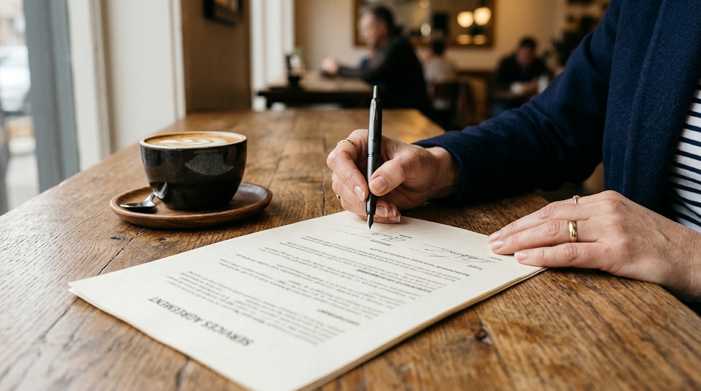 Main avec stylo au-dessus d'un contrat sur table en bois