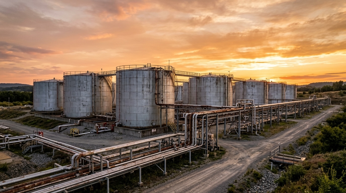 Grands réservoirs de stockage de carburant au soleil couchant