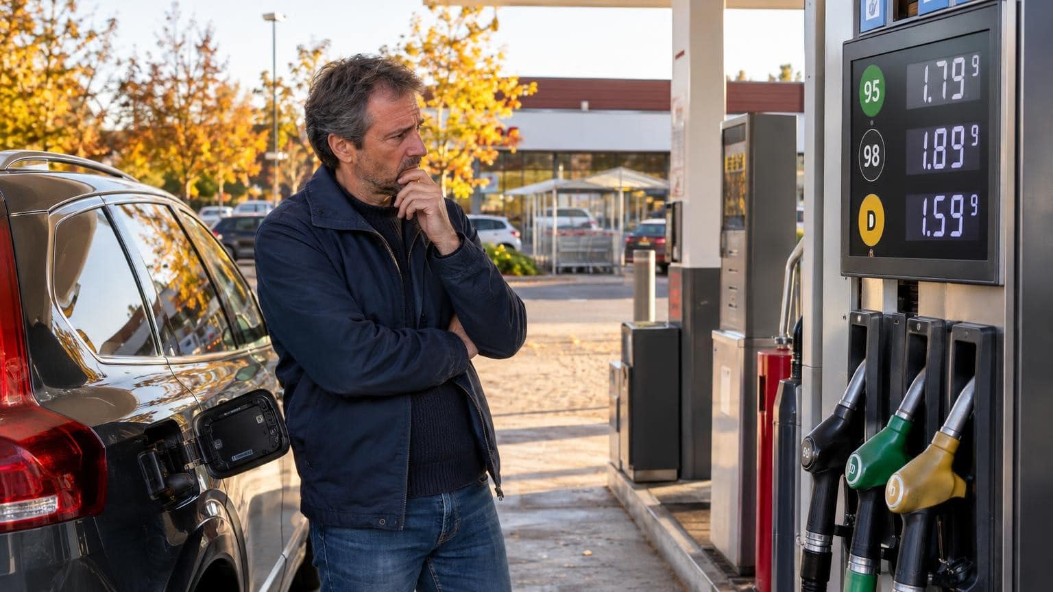 Automobiliste inquiet devant les prix du gazole en station
