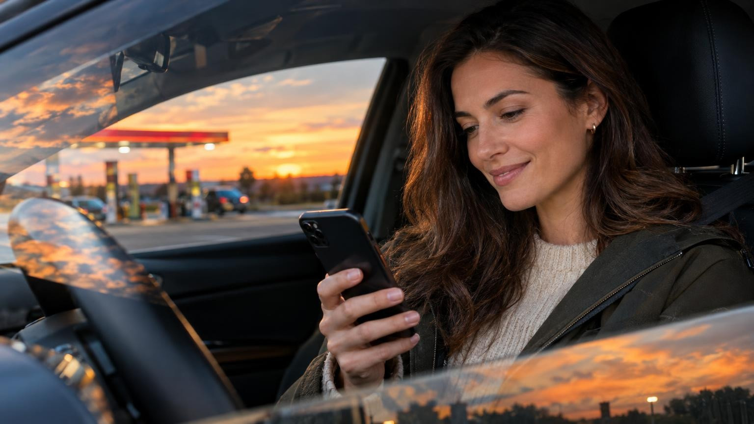 Femme comparant les prix du carburant sur son smartphone