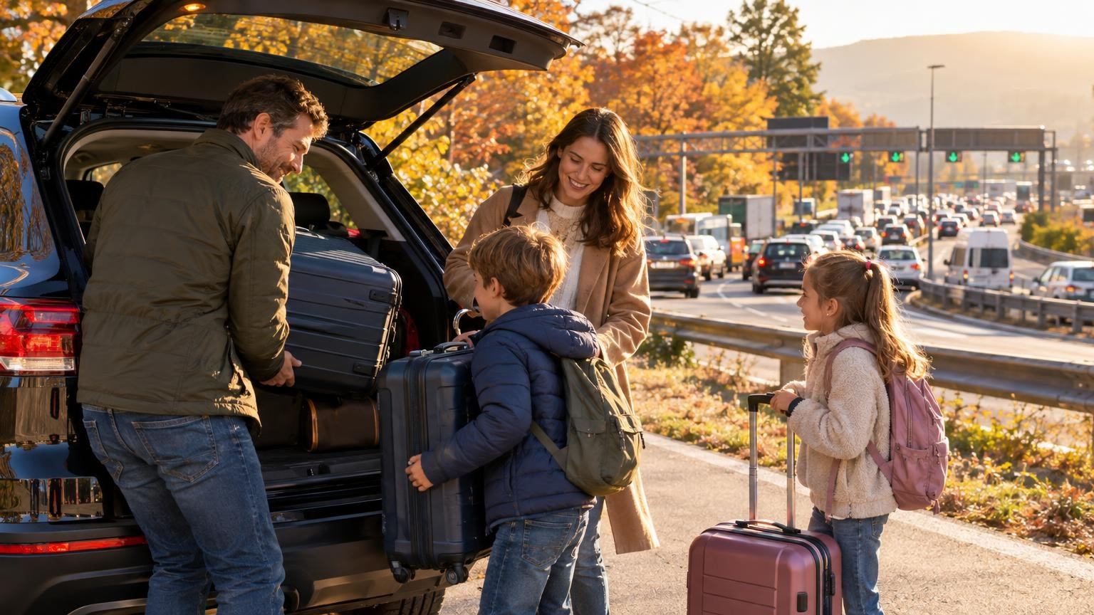 Famille chargeant sa voiture avant le week-end de Toussaint