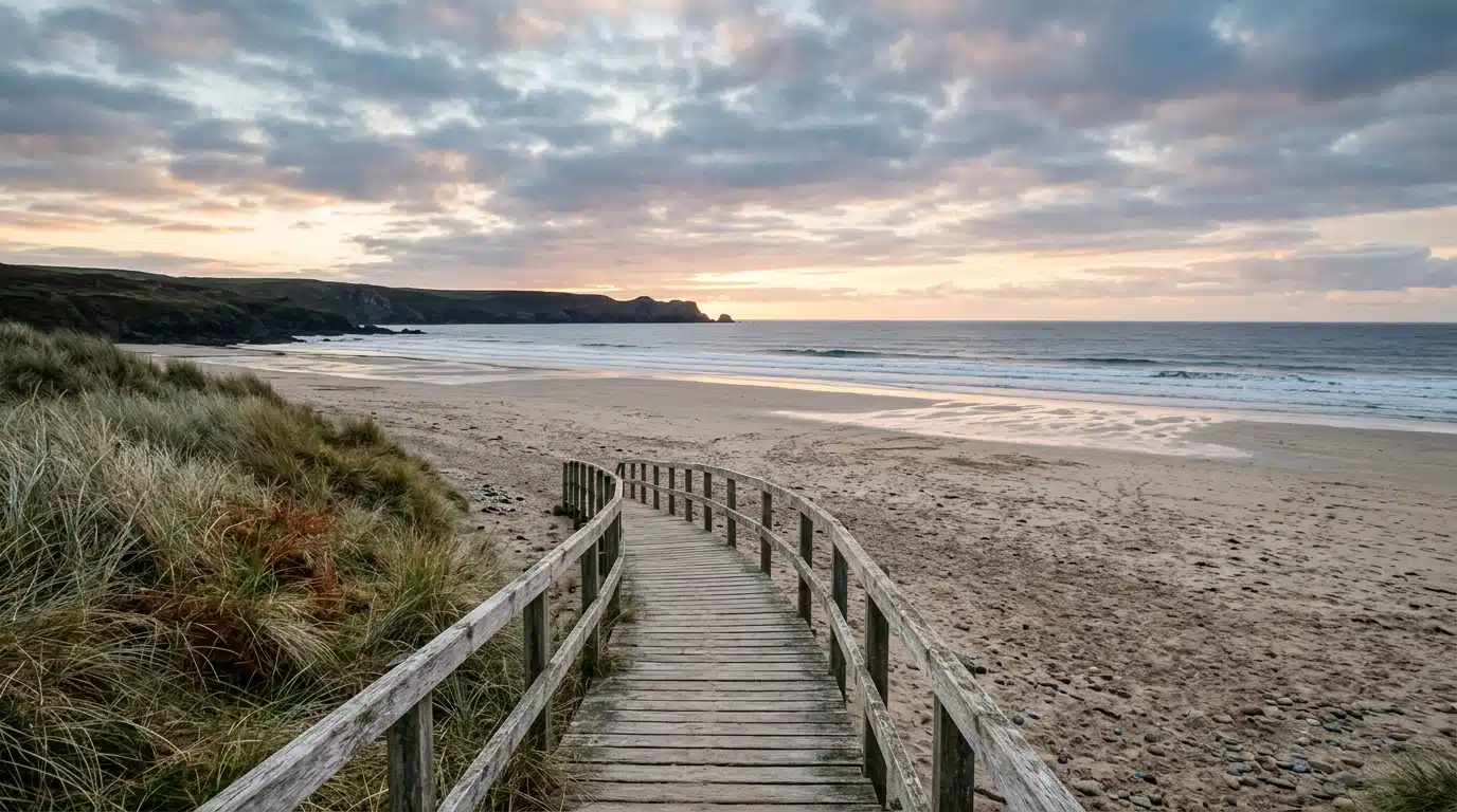 Plage océanique déserte par une fraîche matinée d'automne