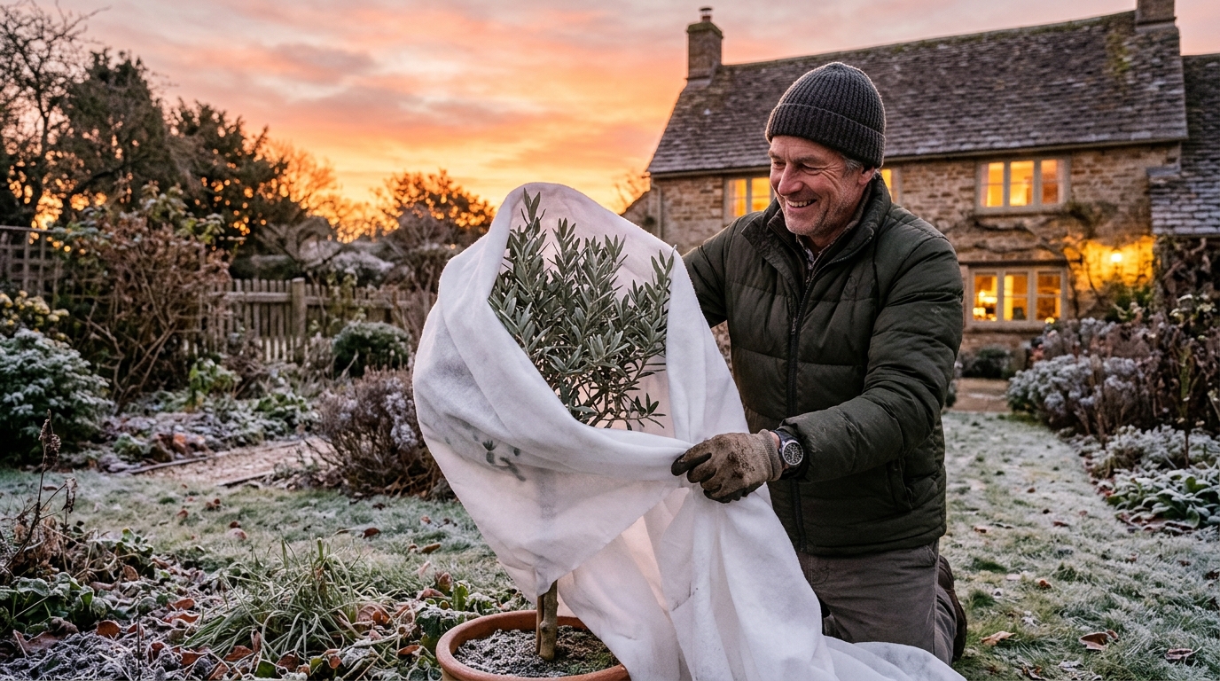 Homme couvrant un olivier d'un voile d'hivernage