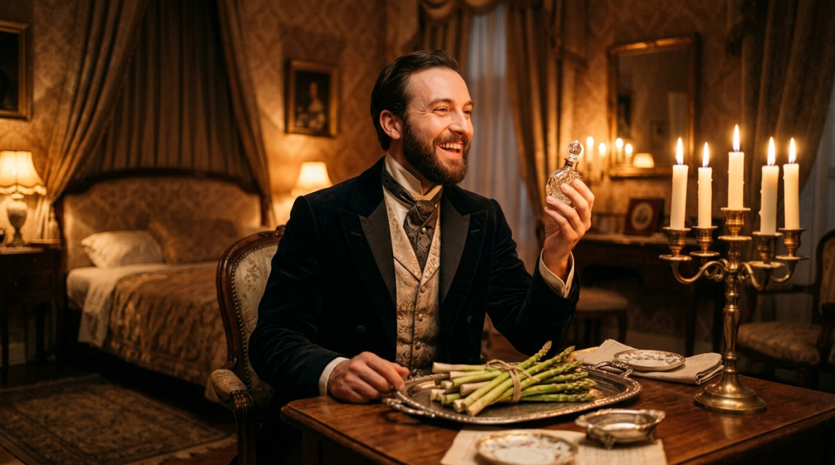 Gentleman du XXe siècle ravi près d'asperges et d'un flacon