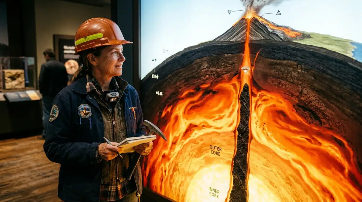 Géologue devant une coupe de la Terre et un diamant remontant