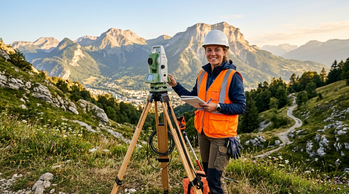 Géomètre-topographe souriante avec théodolite devant les Alpes