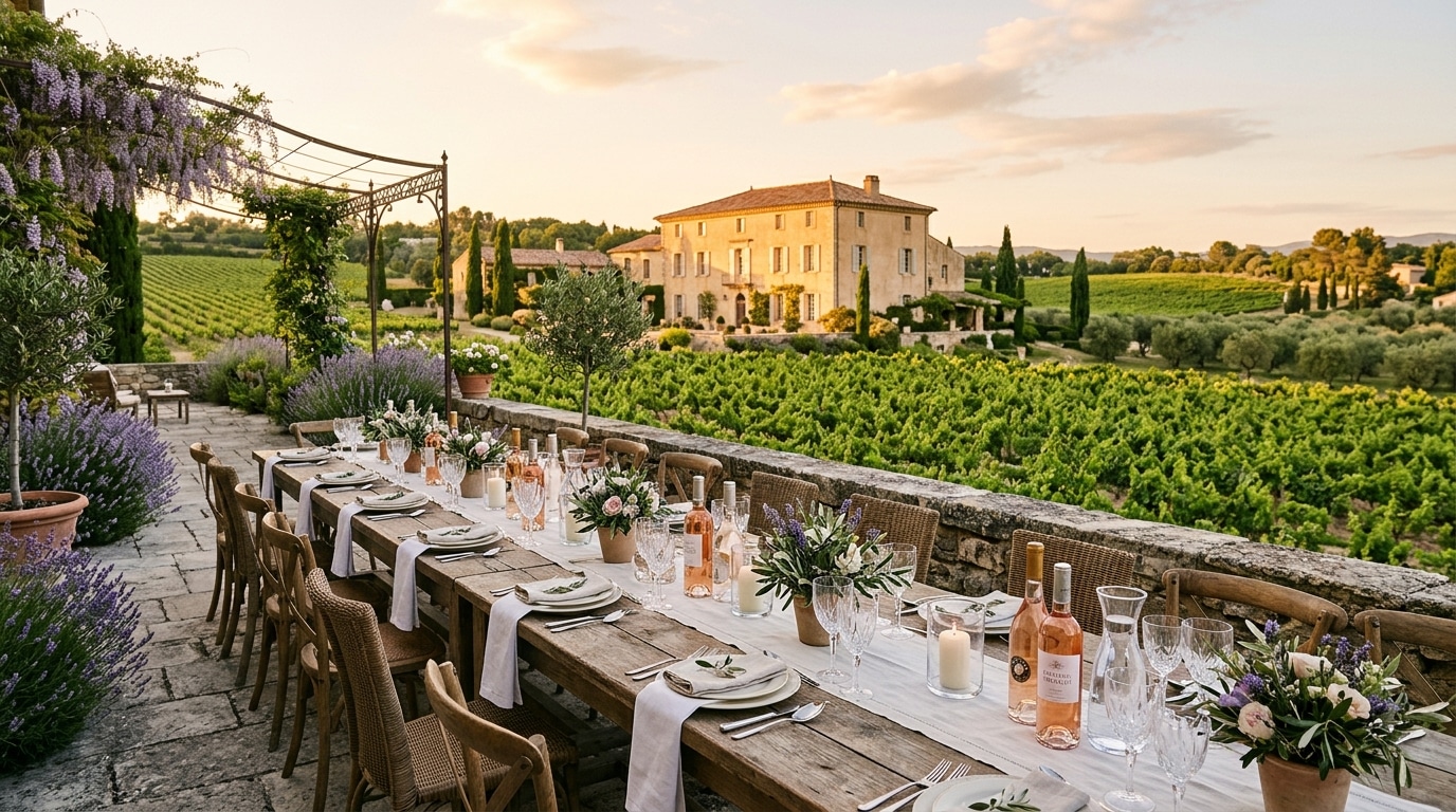 Terrasse de domaine provençal avec grande table dressée