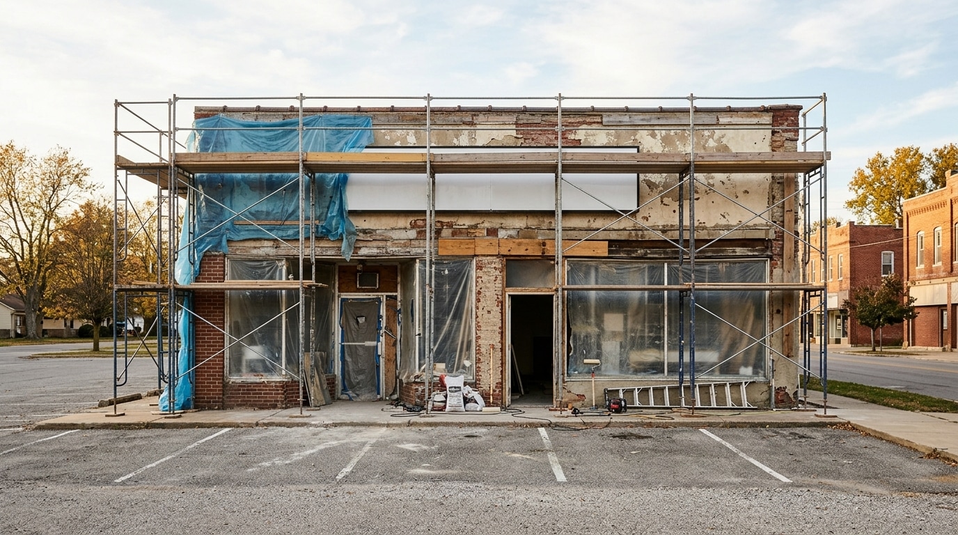 Façade de magasin de déco en travaux sous échafaudage