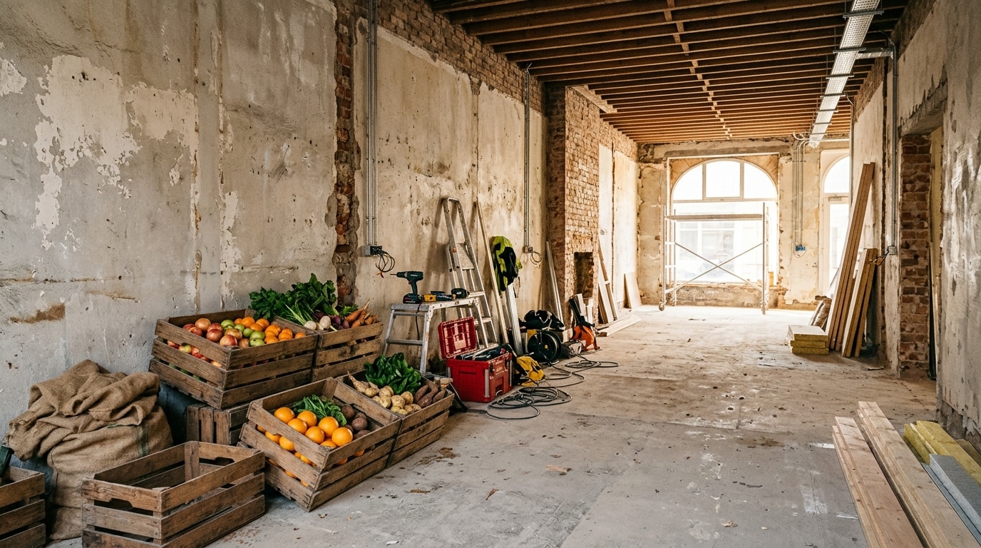 Local commercial en rénovation avec caisses de fruits et légumes