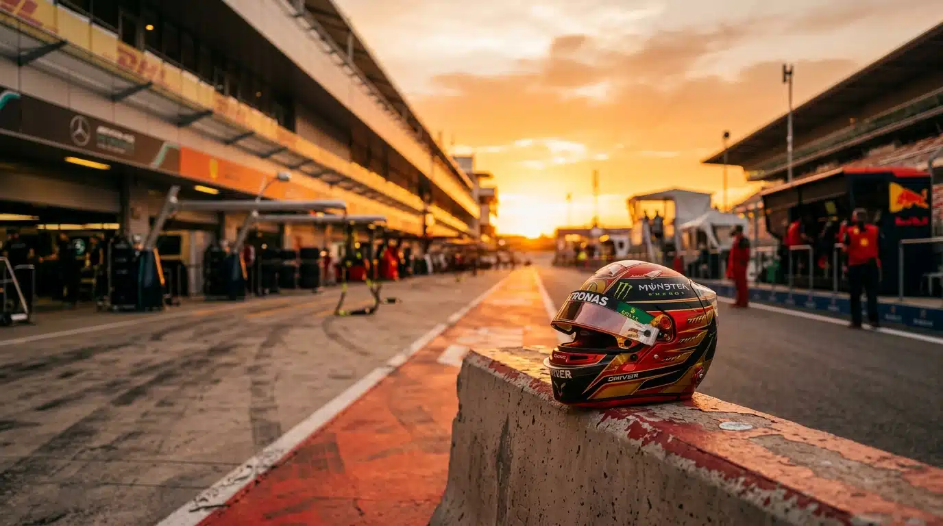 Paddock d'un circuit de Formule 1 au coucher du soleil