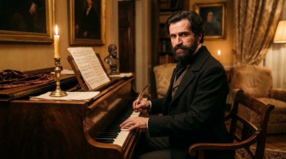 Giuseppe Verdi au piano dans une pièce éclairée à la bougie