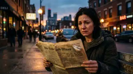 Femme anonyme au visage bouleversé tenant un vieux journal