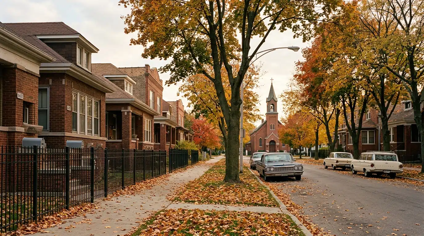 Rue résidentielle d'un quartier de Chicago aux maisons de brique