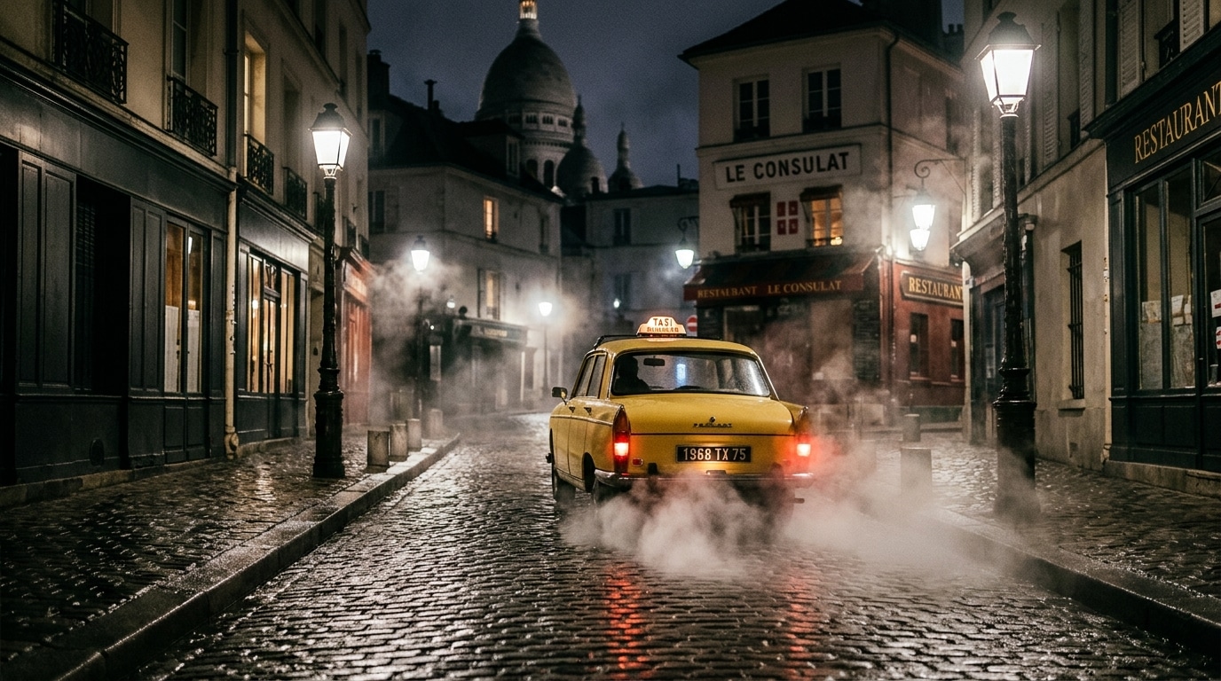 Taxi qui s'éloigne dans une rue parisienne la nuit