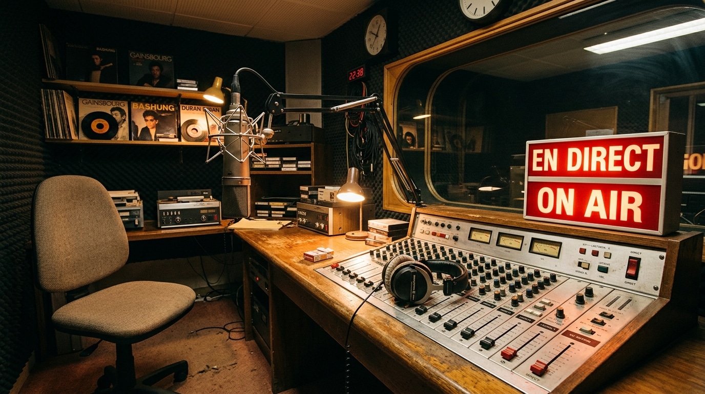 Studio de radio français des années 80 avec micro et voyant ON AIR, symbole des refus essuyés par Goldman à ses débuts