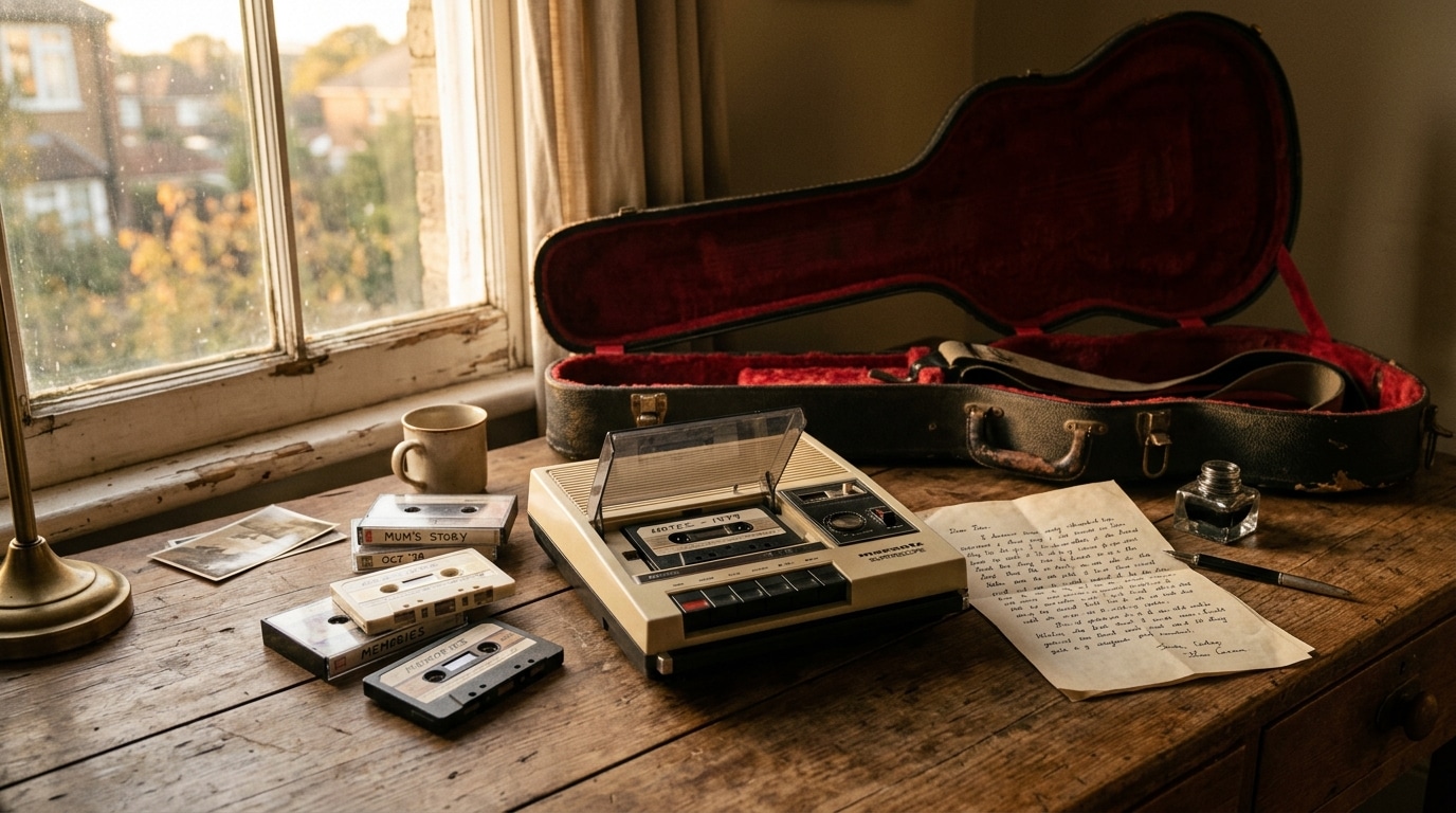 Cassettes, magnétophone et lettre manuscrite sur un bureau, évoquant le message vocal et le secret de Goldman