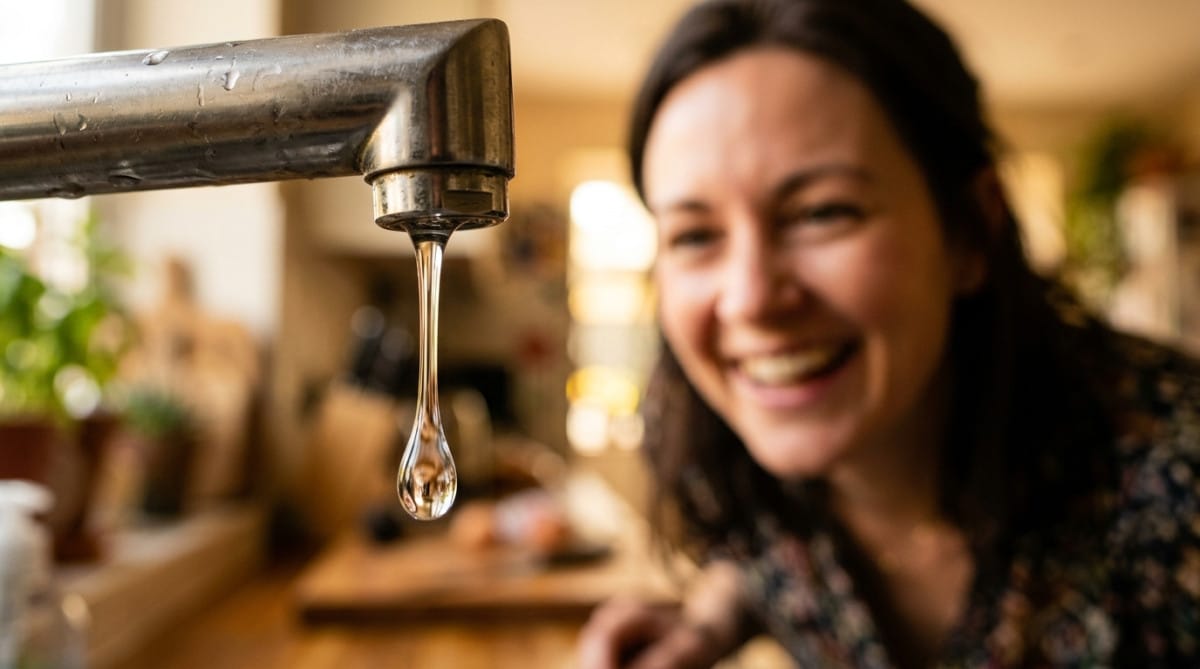 Goutte d'eau se détachant d'un robinet en gros plan