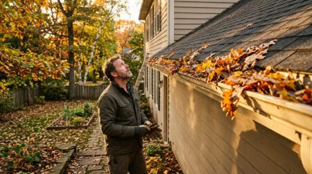 Gouttière encombrée de feuilles d'automne sur une maison