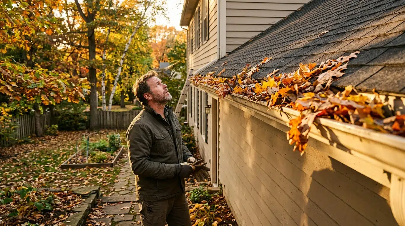 Gouttière encombrée de feuilles d'automne sur une maison