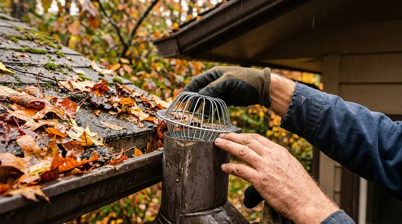 Pose d'une crapaudine à l'entrée d'une descente de gouttière