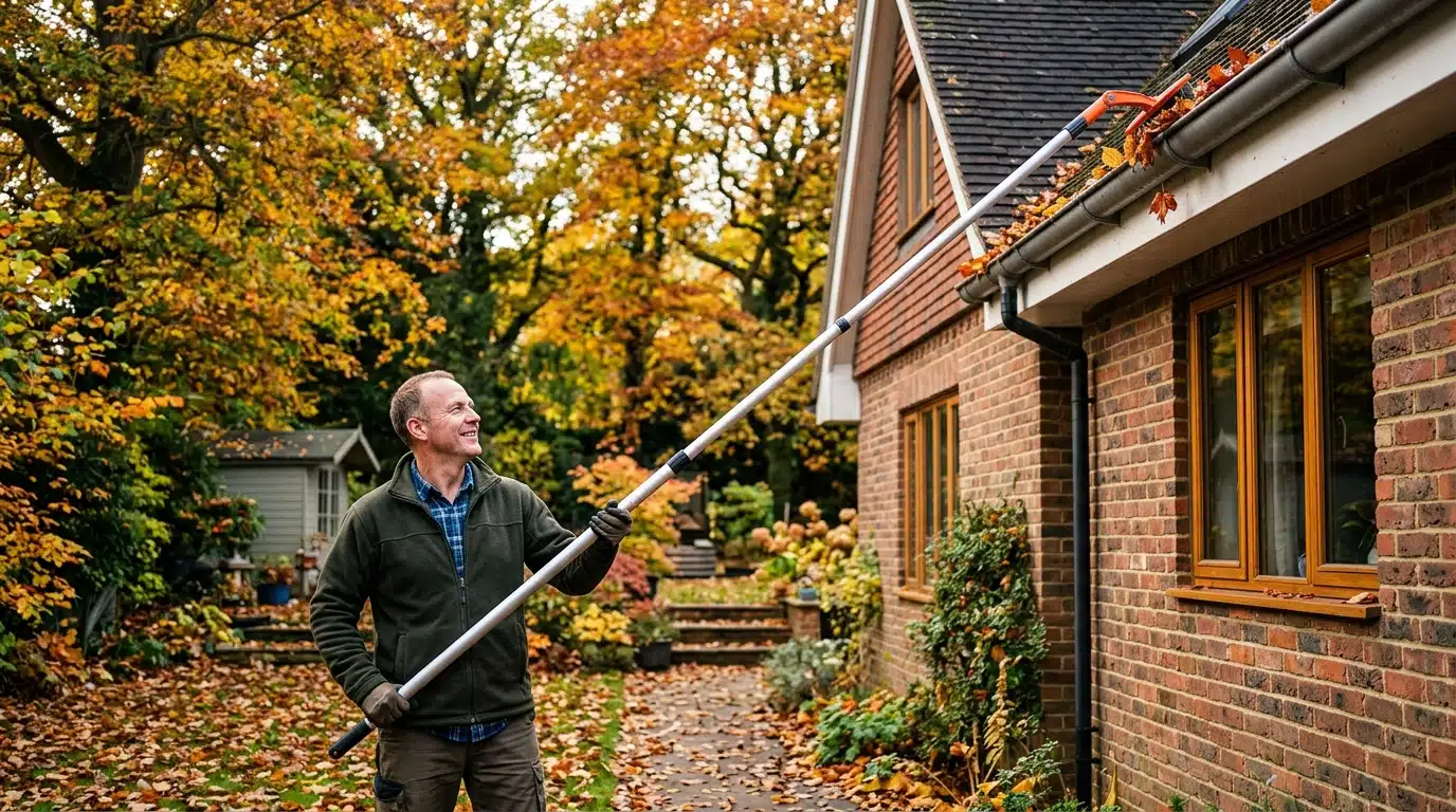 Nettoyage d'une gouttière avec une perche télescopique depuis le sol
