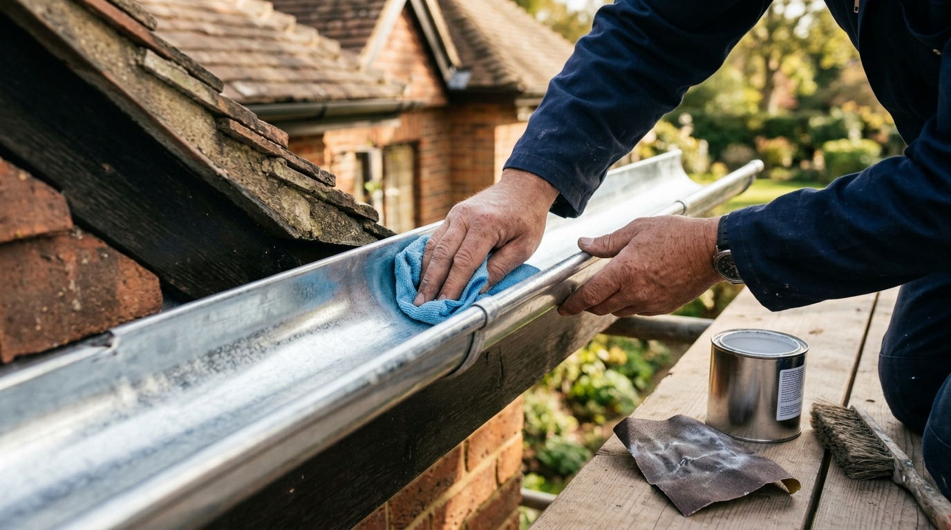 Mains dégraissant une gouttière en zinc avant peinture