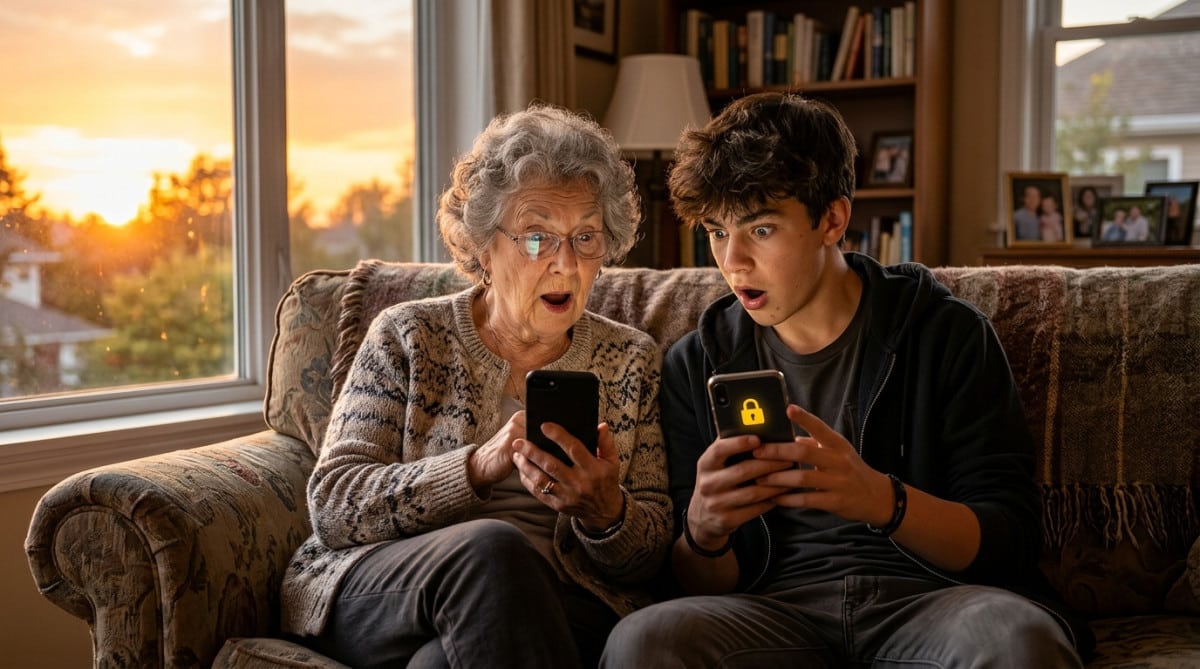 Grand-mère et petit-fils sur leurs smartphones côte à côte