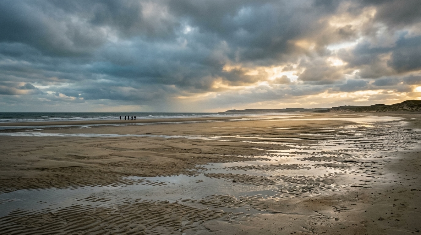 Plage du Nord à marée basse sous ciel menaçant