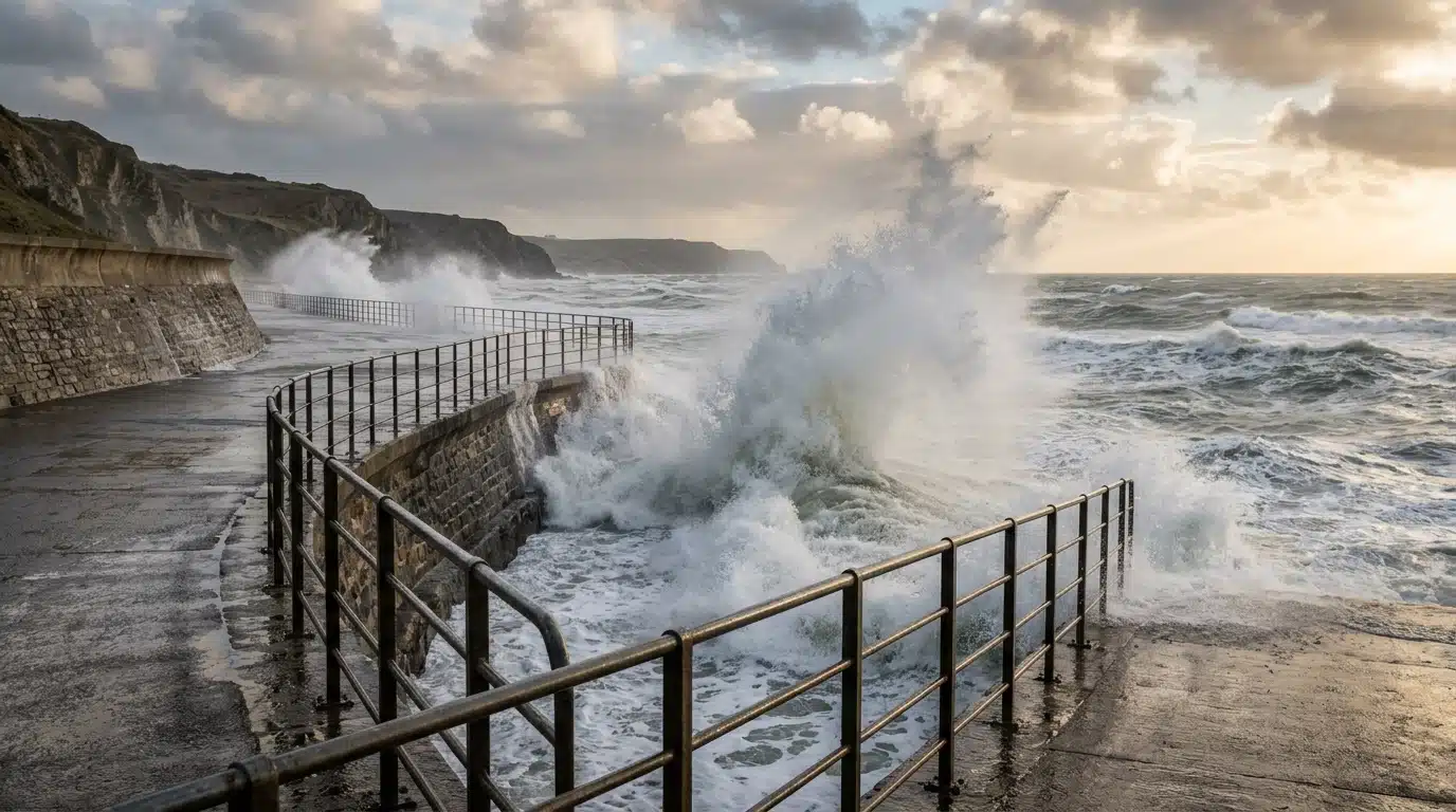 Vagues puissantes contre une digue par grand vent