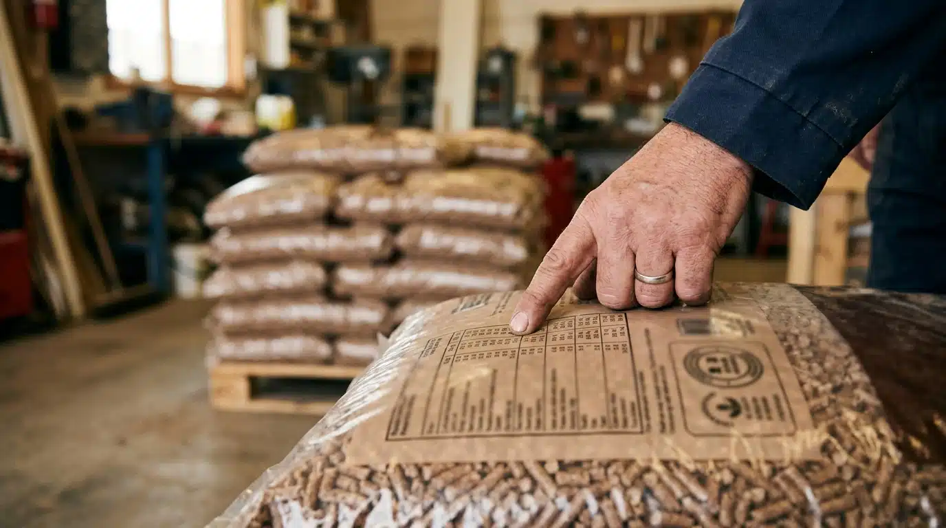 Main désignant le dos d'un sac de granulés