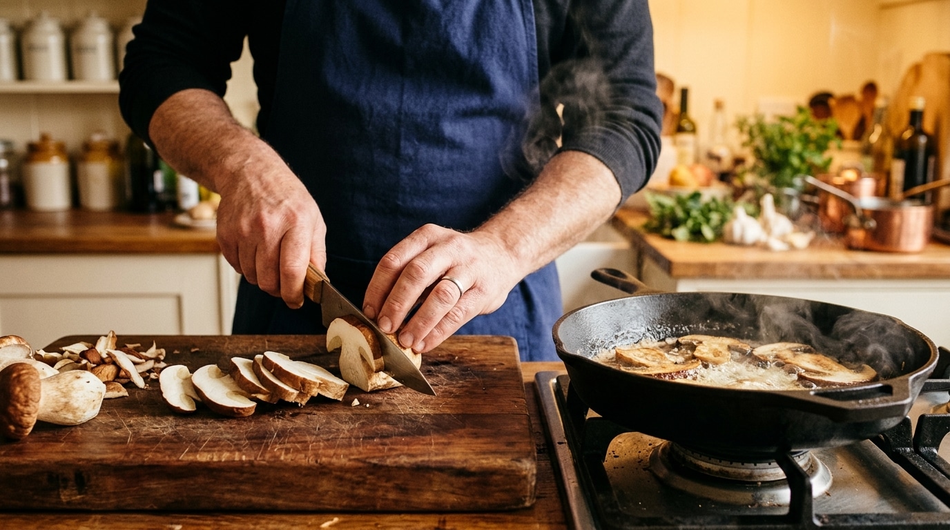Mains tranchant des cèpes avant de les poêler